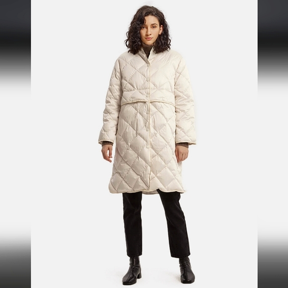 🆕 Lattelier Lightweight A-Line Down Diamond Quilted Coat in Ivory - Picture 2 of 9